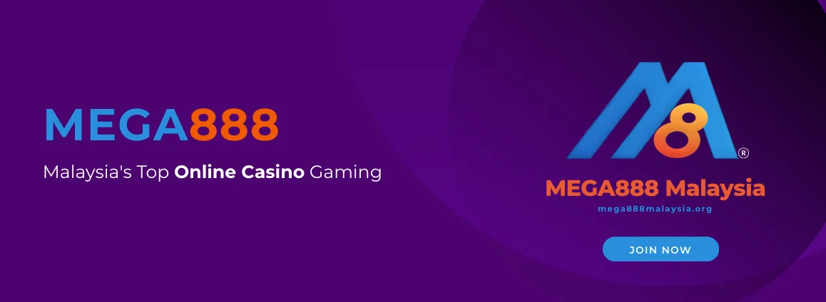 Promotional banner with a purple background featuring the MEGA888 logo, the text MEGA888 – Malaysia's Top Online Casino Gaming, and a call-to-action button labeled Join Now